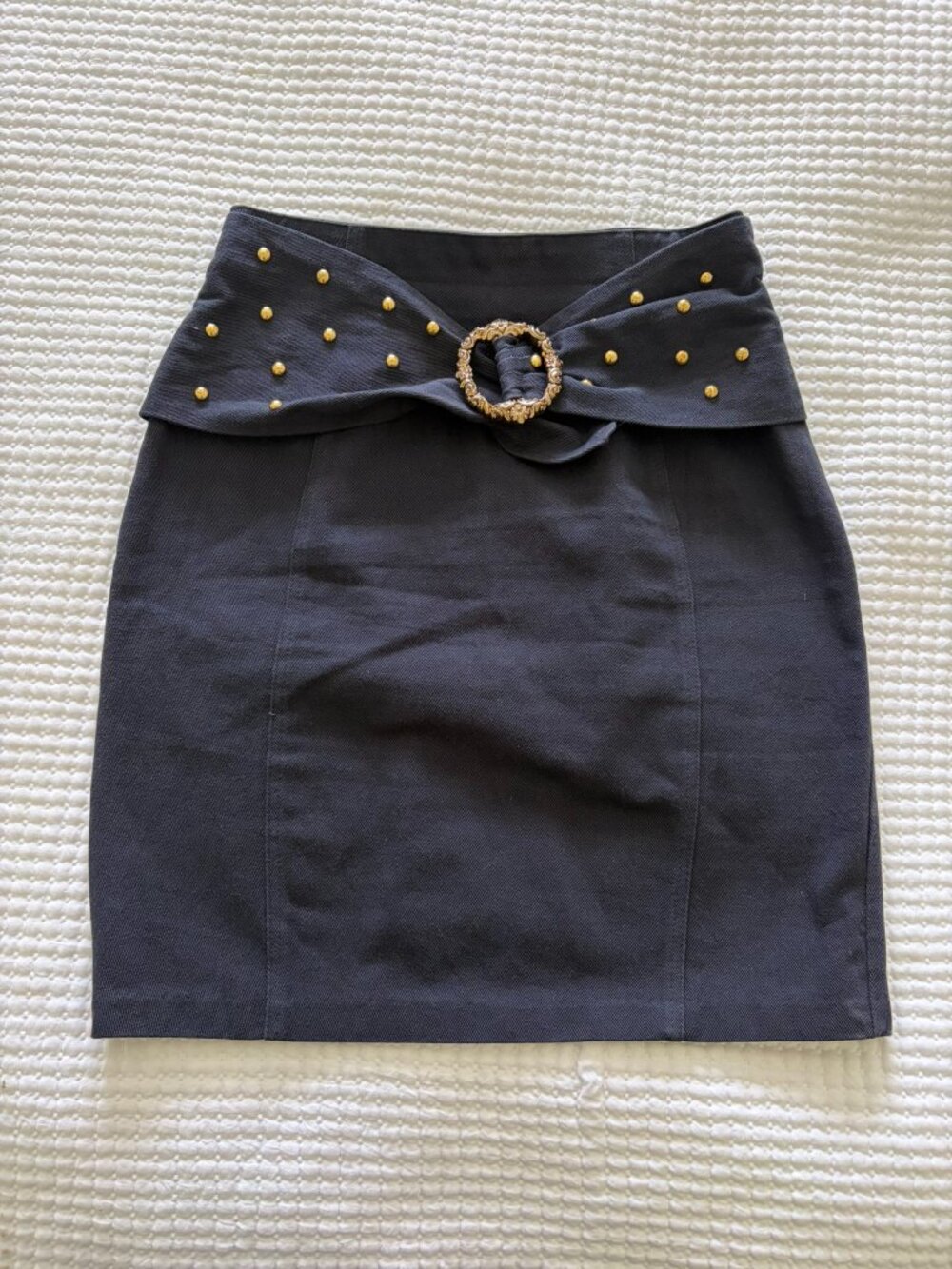 Vintage 90s Black High Rise Mini Skirt with faux gold belt